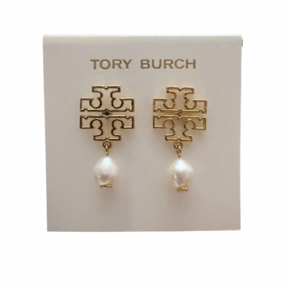 Tory Burch Gold Logo Earrings with Pearl Drop